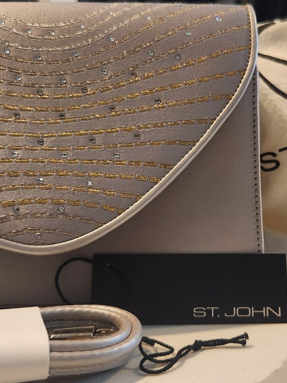 St. John Shimmering Silver Satin Crystal Embellished Evening Clutch